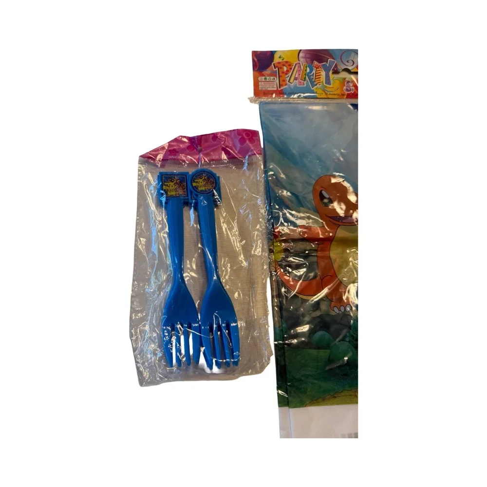 Pokemon Party Supplies Set Pikachu Tablecloth Blue Plastic Forks Spoons Knives
